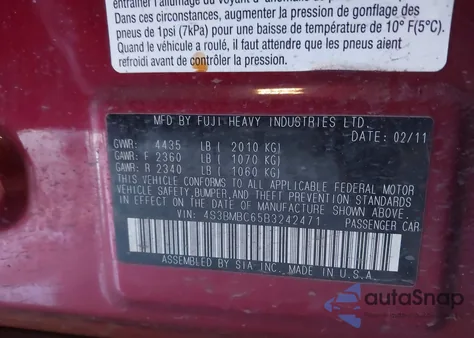 2011 Subaru Legacy 2.5I Prem Awp z USA, uszkodzony, nr VIN 4S3BMBC65B3242471